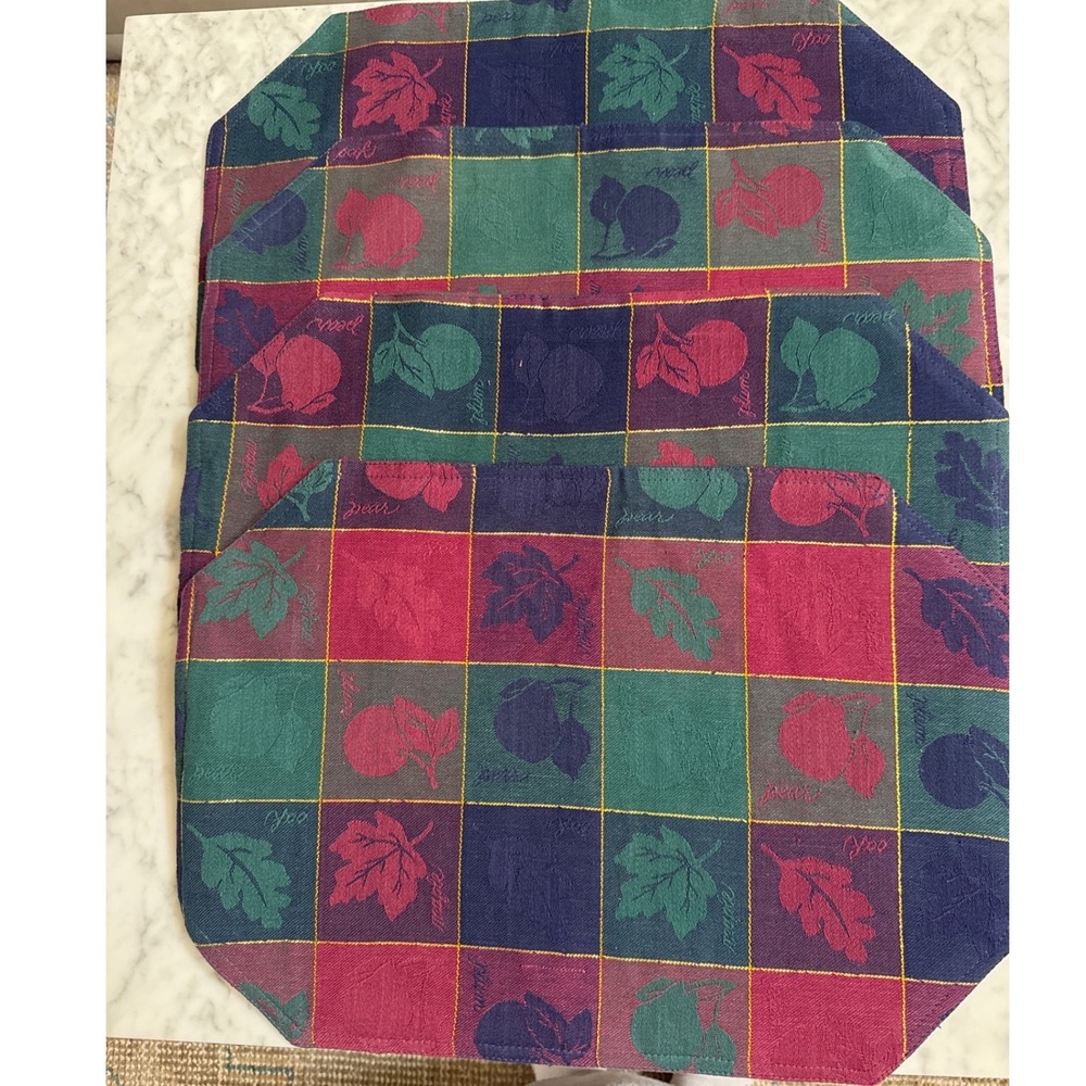 Natural Impressions Set/ 4 La Jacquard Placemats Navy Burgundy Gold Autumn Leaf